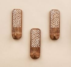 3 Pieces Brown And White Decorative Wooden Adhesive Wall Hooks