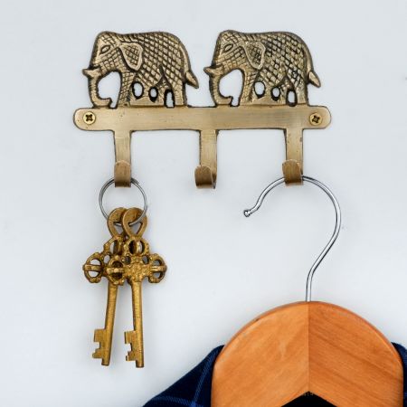 Golden Brass Two Elephant Wall Hook