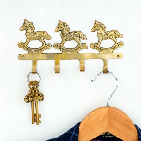 Vintage Brass Rocking Horse Wall Hook Rack