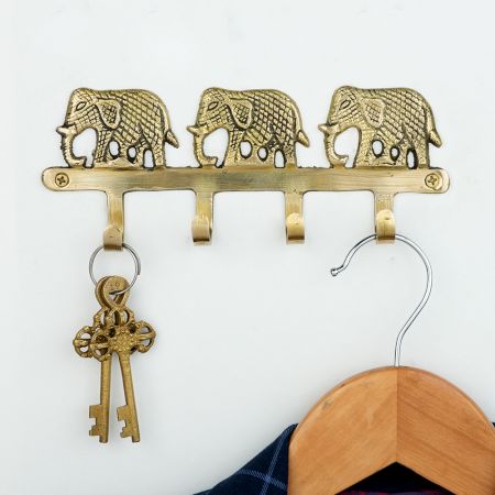 Golden Brass Three Elephant Wall Hook