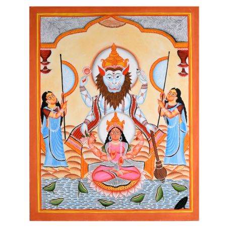 Lord Narasimha with Lakshmi Depicted in Kalighat Folk Art by Artist Sahajan Chitrakar