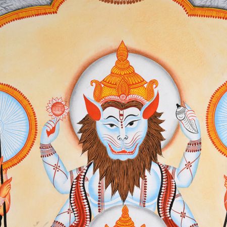 Lord Narasimha with Lakshmi Depicted in Kalighat Folk Art by Artist Sahajan Chitrakar