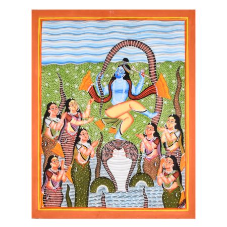 Lord Krishna Dancing on Kaliya Serpent in Traditional Kalighat Art by Artist Sahajan Chitrakar