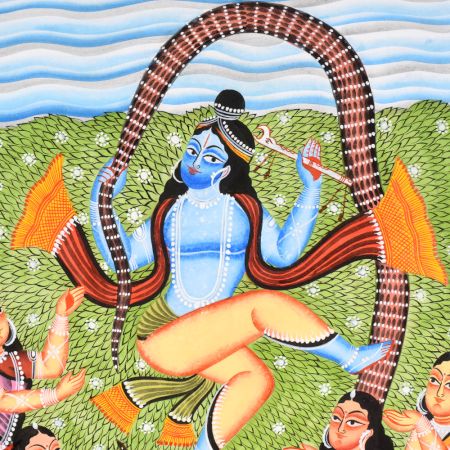 Lord Krishna Dancing on Kaliya Serpent in Traditional Kalighat Art by Artist Sahajan Chitrakar