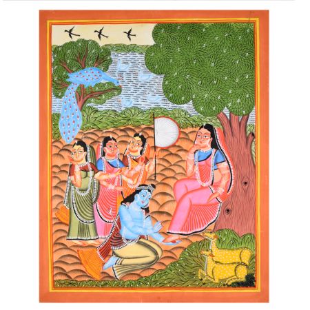 Kalighat Painting of Krishna and Mother Yashoda on Cloth and Paper by Artist Sahajan Chitrakar