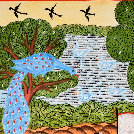 Kalighat Painting of Krishna and Mother Yashoda on Cloth and Paper by Artist Sahajan Chitrakar