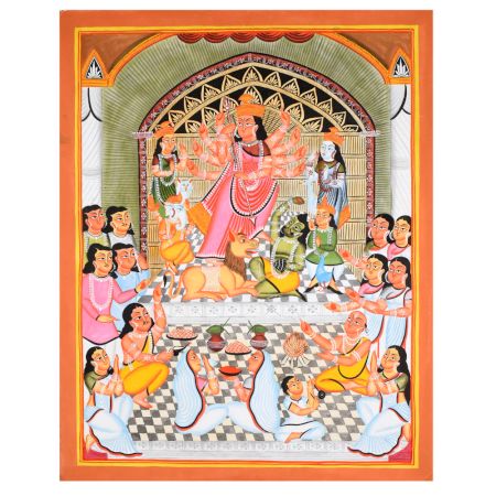 Cloth and Paper Kalighat Painting of Goddess Durga Slaying Mahishasura by Artist Sahajan Chitrakar