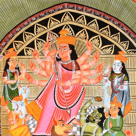 Cloth and Paper Kalighat Painting of Goddess Durga Slaying Mahishasura by Artist Sahajan Chitrakar