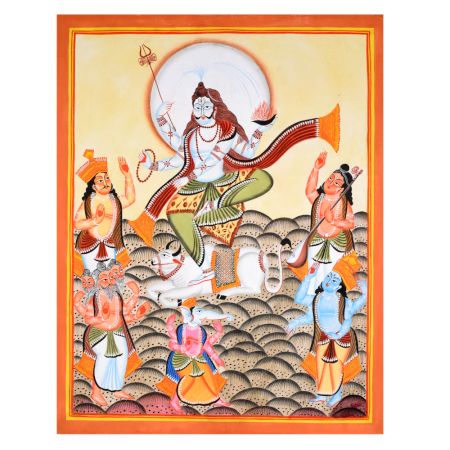 Hand-Painted Kalighat Painting of Lord Shiva with Nandi by Artist Sahajan Chitrakar