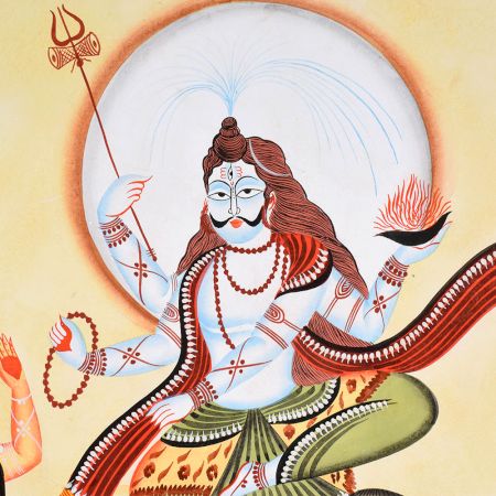 Hand-Painted Kalighat Painting of Lord Shiva with Nandi by Artist Sahajan Chitrakar