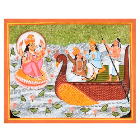 Ganesh & Lakshmi on Lotus Boat Kalighat Paper and Cloth Painting by Artist Sahajan Chitrakar