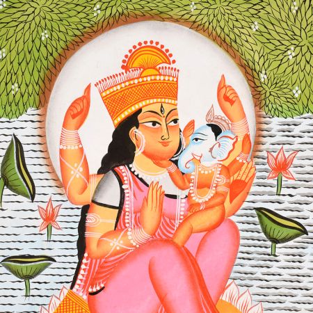 Ganesh & Lakshmi on Lotus Boat Kalighat Paper and Cloth Painting by Artist Sahajan Chitrakar