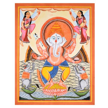 Cloth and Paper Dancing Lord Ganesha Kalighat Painting by Artist Sahajan Chitrakar