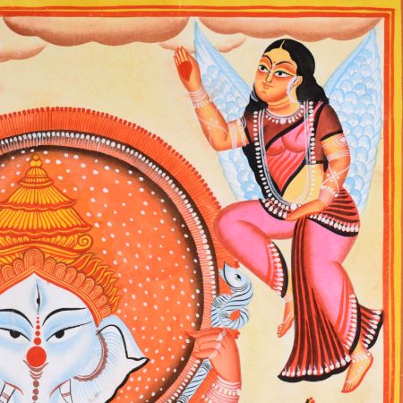 Cloth and Paper Dancing Lord Ganesha Kalighat Painting by Artist Sahajan Chitrakar