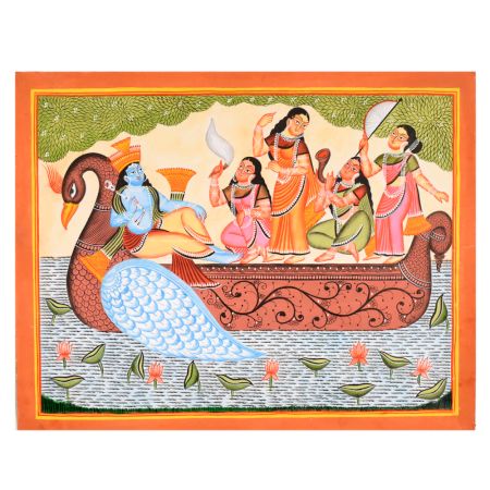 Lord Vishnu in Makara Boat Cloth and Paper Kalighat Painting by Artist Sahajan Chitrakar
