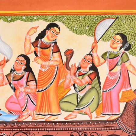 Lord Vishnu in Makara Boat Cloth and Paper Kalighat Painting by Artist Sahajan Chitrakar