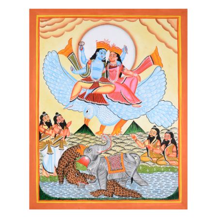 Traditional Cloth Paper Kalighat Painting of Vishnu & Lakshmi on Garuda by Artist Sahajan Chitrakar
