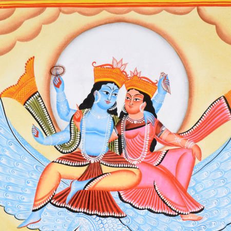 Traditional Cloth Paper Kalighat Painting of Vishnu & Lakshmi on Garuda by Artist Sahajan Chitrakar