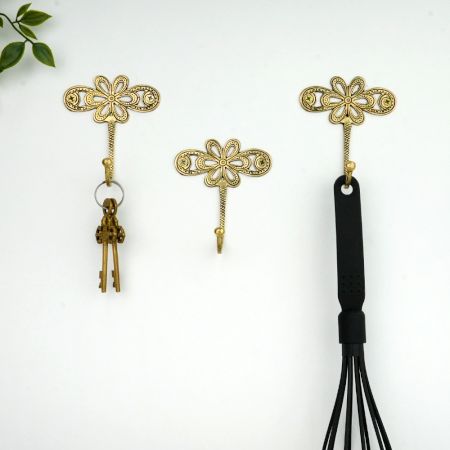 3 Pieces Single Brass Flower Wall Mounted Hook In Antique Finish