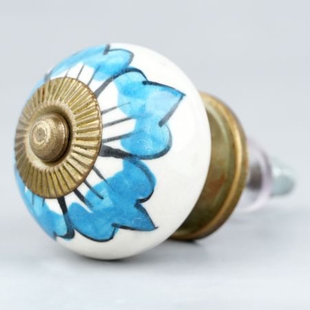 White Turquoise Floral Painted Knob