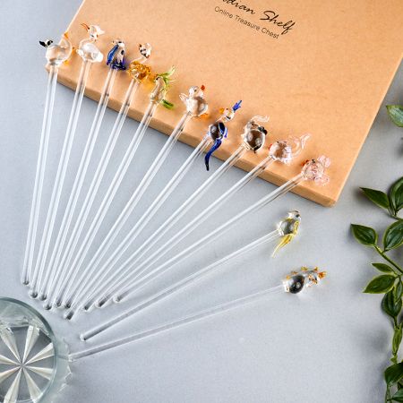 Assorted 6 Pieces Animal Stirrer Glass Swizzle Sticks for Cocktail Party