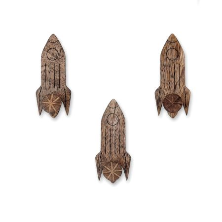 Natural Wooden Adhesive Rocket Shape Coat Wall Hook-Pack of 3