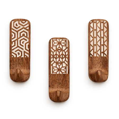 3 Pieces Wooden Self Adhesive Brown And White Wall Hooks