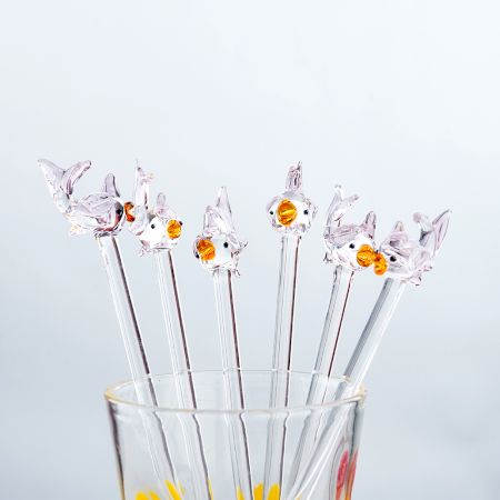 6 Pieces Cut Yellow Clear Fish Stirrer Glass Swizzle Sticks for Cocktail Party