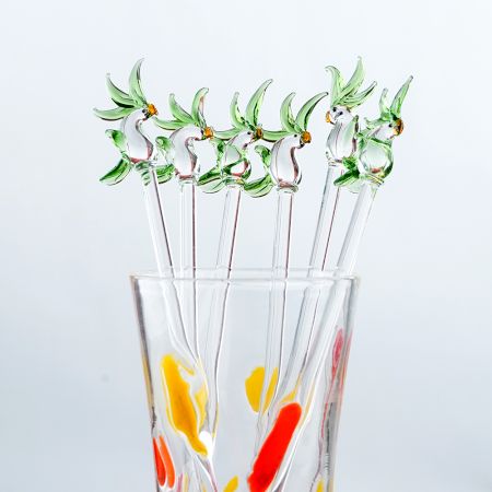 6 Pieces Cut Clear Green Parrot Stirrer Glass Swizzle Sticks for Cocktail Party