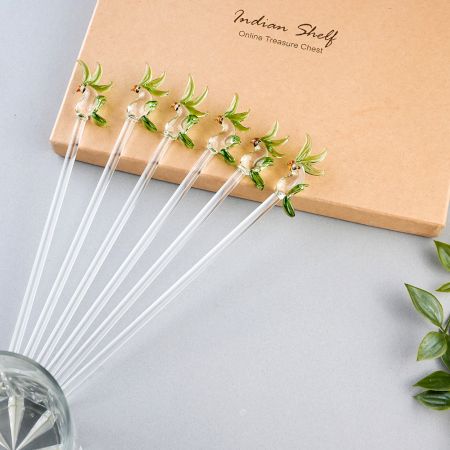 6 Pieces Cut Clear Green Parrot Stirrer Glass Swizzle Sticks for Cocktail Party