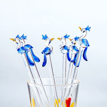6 Pieces Cut Clear Blue Peacock Stirrer Glass Swizzle Sticks for Cocktail Party
