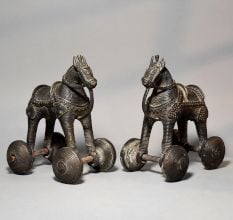 Pair of Vintage Brass Horse Rolling Toy Figurines