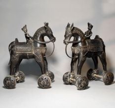 Vintage Brass Horse Rider Rolling Toy Figurine Pair