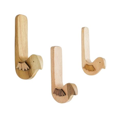 Natural Bird Shape Wooden Adheshive Wall Hook-Pack of 3