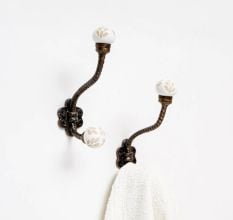 White Etched Ceramic Floral Iron Hooks-EHG-93 - Pack of 2