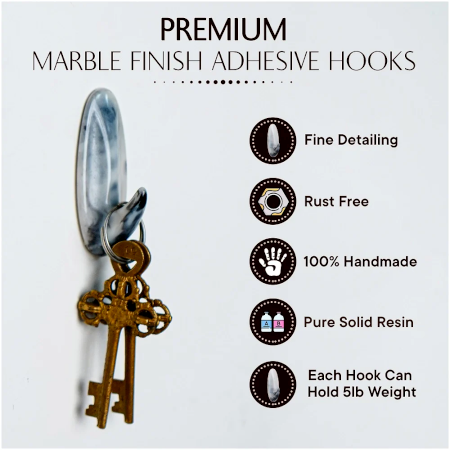 Grey Resin Decorative Adhesive Marble Finish Wall Hook-Pack of 3