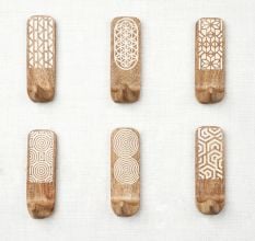 6 Pieces Designer Wooden Adhesive Wall Hooks With Geometric Patterns