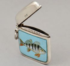 Birmingham Sterling Silver Enamel Perch Fish Vesta Case