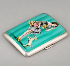 W&Co Ltd Sterling Silver Enamel Lady and Dog Cigarette Case