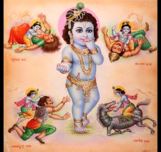 Baby Krishna Paper Painting in Vintage Style for Decor