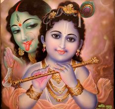 Vintage Paper Painting of Lord Krishna and Maa Kali