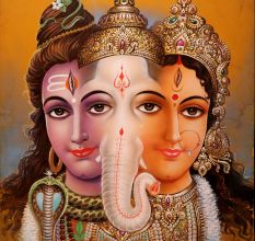 Vintage Paper Painting of Shiva, Ganesha and Parvati