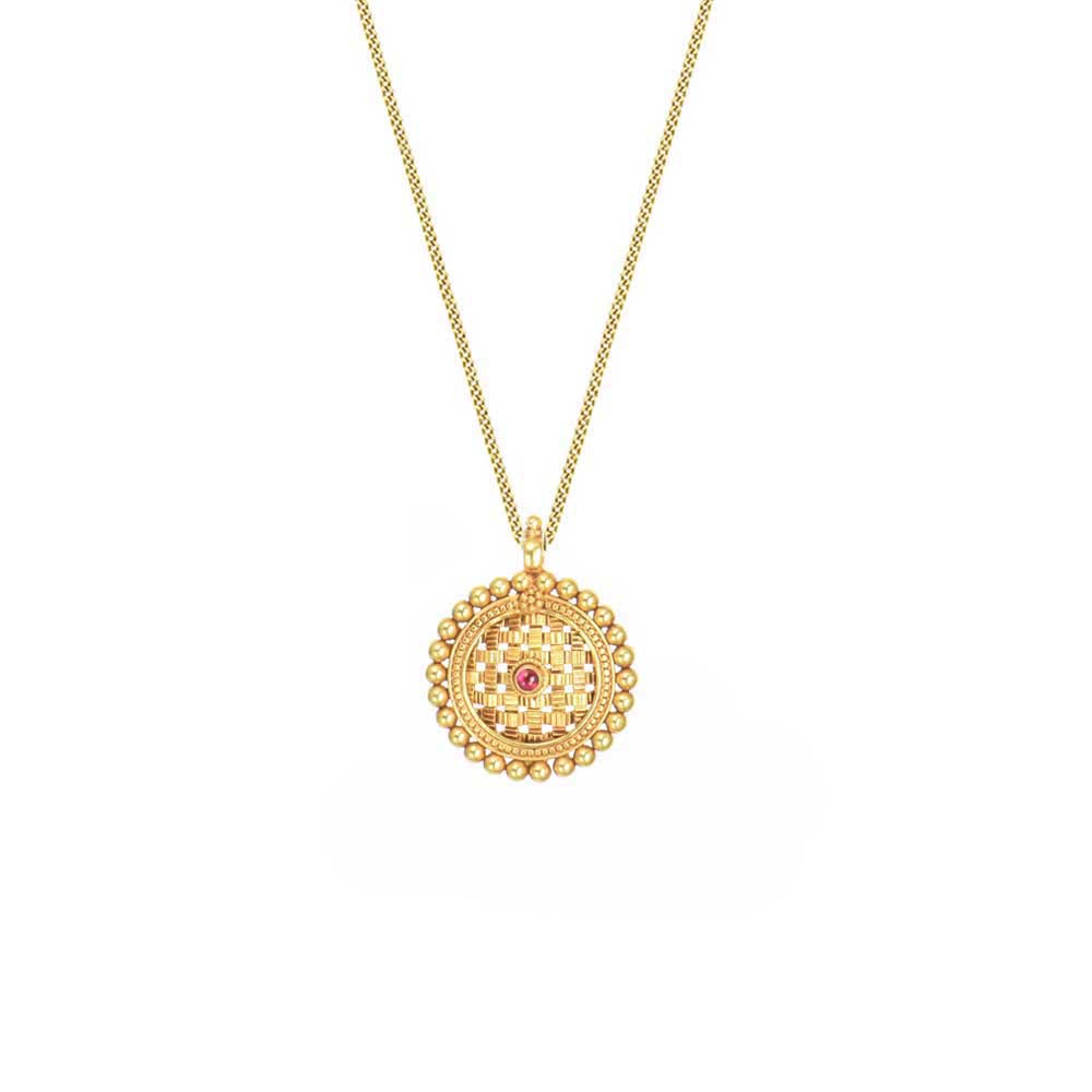 Round Gold Pendant Engraved Jali Work Pink Agate Design Pendant