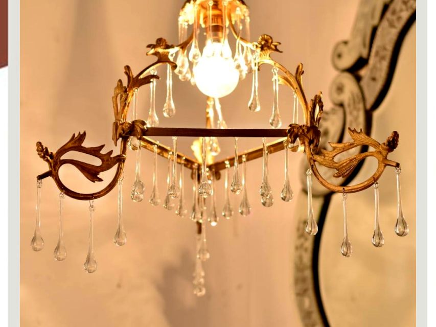 Vintage Italian Style Brass Enameled Chandelier with Crystal Drops