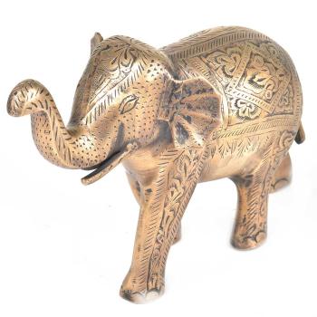 Brass Floral Engraved Elephant Raised Trunk Statue