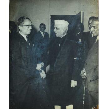 Hardboard Print Of Nehru Shaking Hands With Indian Scientist